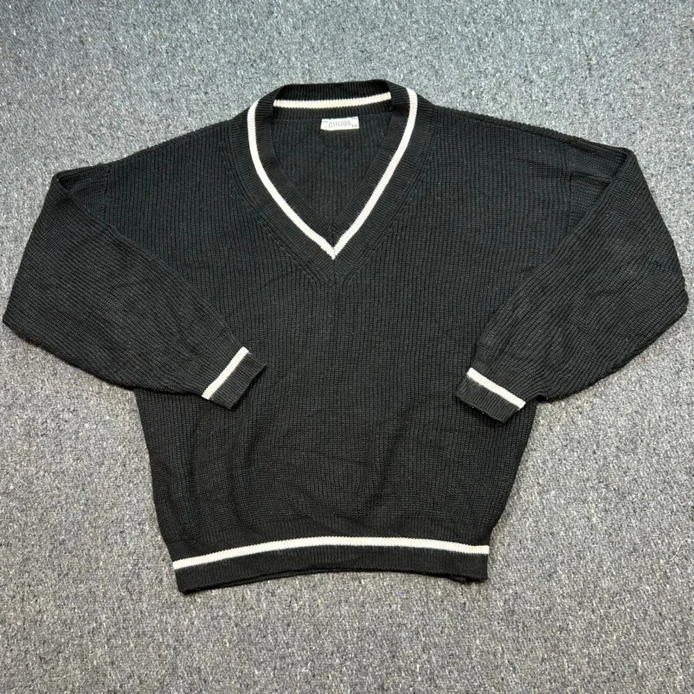 Chuba V Neck Sweater Sz S/M Mens Black Skater Preppy White Trim Knit Pullover